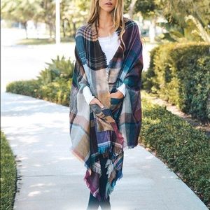 *NEW* Plaid Poncho with pockets- Camel